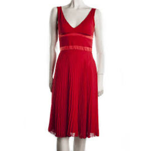 Valentino Red Deep V Pleated Sleeveless Silk Midi Dress Size 4 Designer Elegant